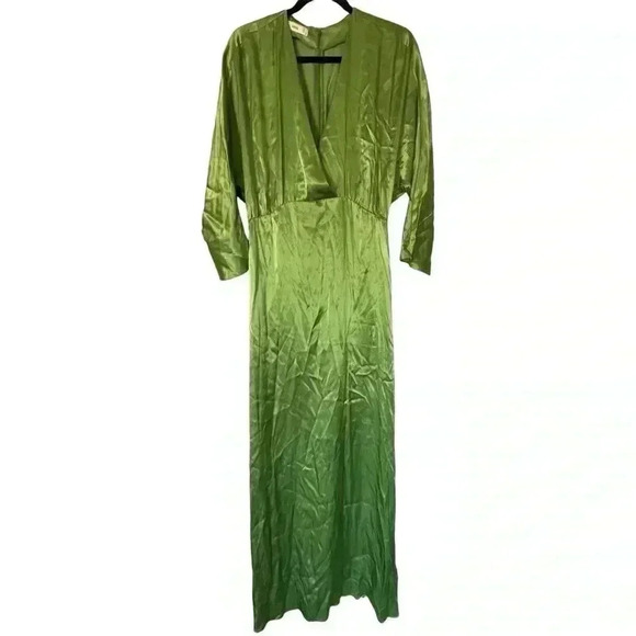 NEW MNG Mango Satin Green Long Formal Maxi V-Neck 3/4 Sleeve Minimalist Dress 6 - Picture 4 of 11